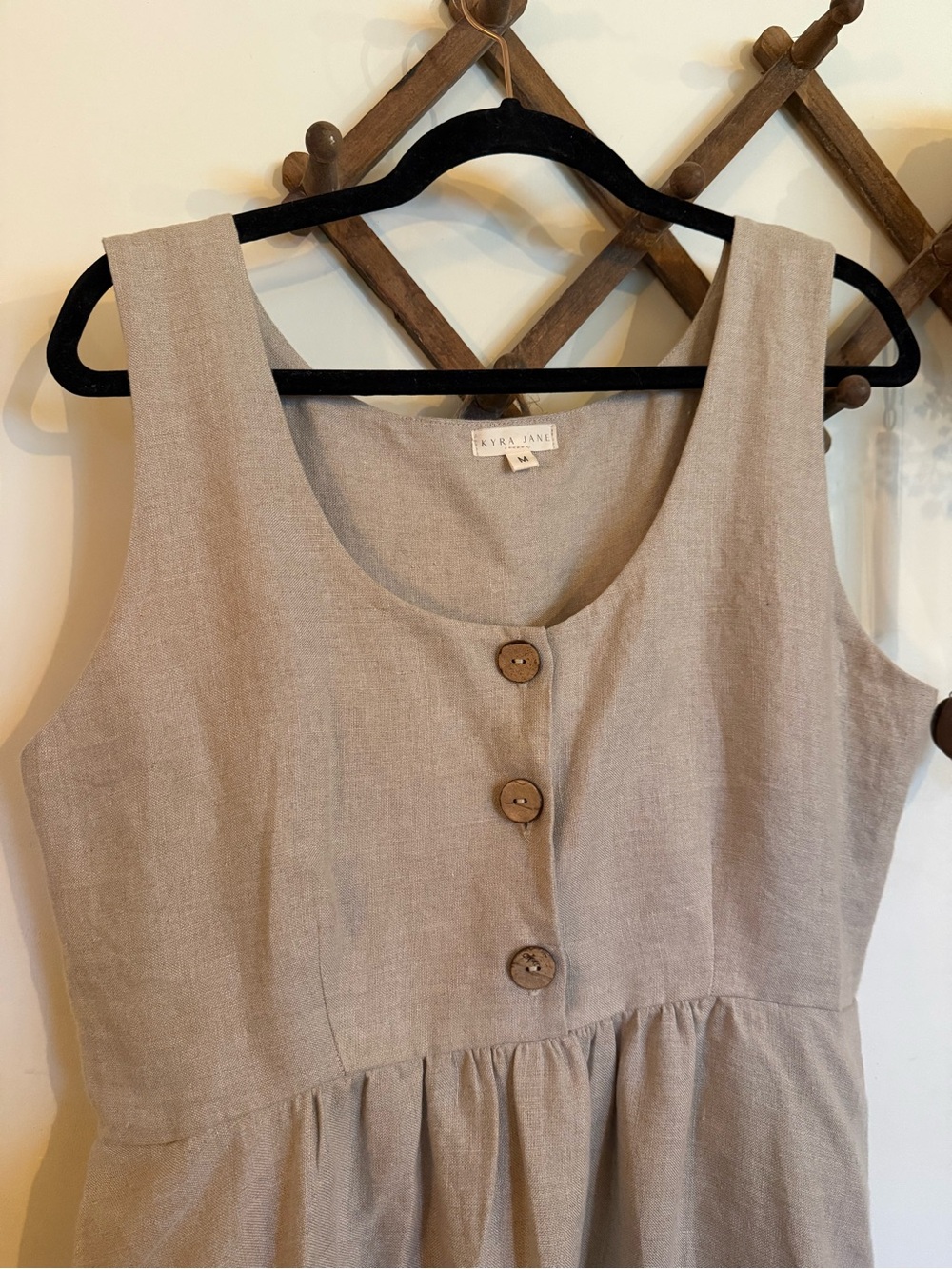 Beige Linen Button Front Sleeveless Dress